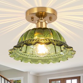 Nogcew Semi Flush Mount Ceiling Light, Vintage Ceiling Light 11", Green Shade Glass Light Fixture for Kitchen Bedroom Dining Room,Bulb not Included