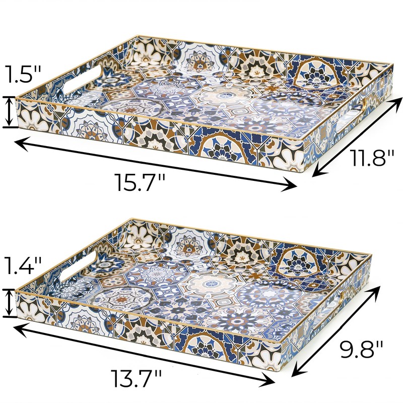 Hiceeden Set of 2 Decorative Serving Trays with Handles, Boho