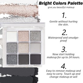 Black Eyeshadow Palette Black Smokey Eye Shadows Palette For Women Long Lasting White Grey Cold Toned Glitter Matte Eyeshadow Make-Up Palettes Waterproof Blendable Black Silver White Eyeshadow Palette