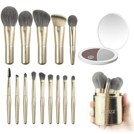 Jilier 14 pcs Mini Makeup Brushes and Pocket Mirror, Travel Makeup Brush Set, LED Compact Mirror with Light, Travel Size with Case, Portable for Handbag, Travel Essentials for Women