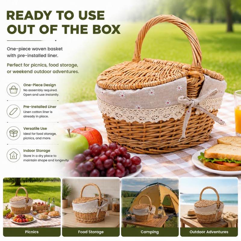 10.2 Inch Picnic Basket with Lid Woven Wicker for Garden