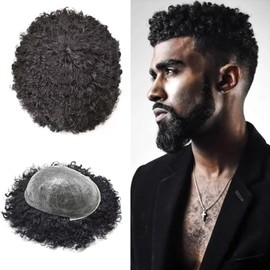Hair Units For Black Men Brazilian Human Hair Replacement System Afro Coily Toupee For Black Men Hair Piece Injection Skin PU Kinky Curly African American Afro Wigs #1B Off Black Afro wave10mm