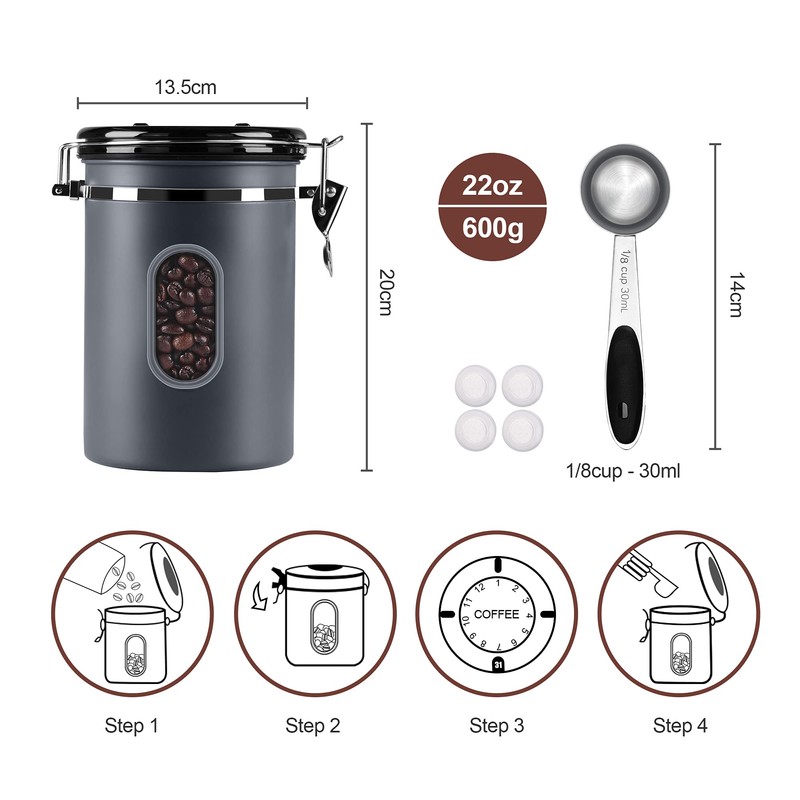 ROCKY&CHAO Airtight Stainless Steel Coffee Canister 1.8 L Coffee Beans