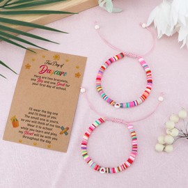 Kzikbxh First Day of Daycare Gifts,Daycare Bracelet Mommy and Me,Matching Bracelets,Mother Daughter Bracelets,Heart Braided Bracelets,Back to School Gifts,Bracelet Set of 3,Rainbow Bracelet