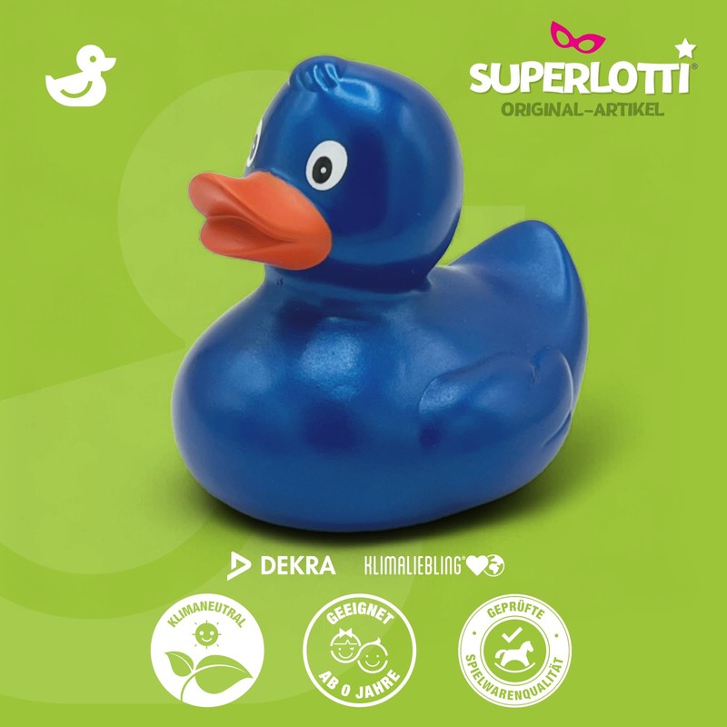 SUPERLOTTI Squeaky duck Renate blue metallic, an original bath duck,