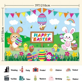 LDWLYW LDWLYW 7x5ft Happy Easter Banner Backdrop Easter Egg Bunny Backdrops for Photography Colorful Spring Rabbit Eggs Party Decorations Banner Birthday Background for Kids Indoor Outdoor