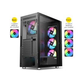 SAMA 3509 Black ATX Mid Tower PC Case – Steel Mesh Front, Hinged Tempered Glass Side Panel, 4×ARGB Fans Pre-Installed, USB 3.0×2, 360mm AIO Liquid Cooler Support