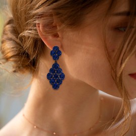 Flyonce Wedding Bridal Earrings for Women Party Rhombus Rhinestone Crystal Hollow Chandelier Dangle Navy Blue