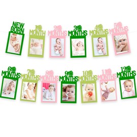 Tropical 12 Month Photo Banner Girl Jungle Safari Theme 1st Birthday Decoration Milestone Garland One Birthday Party Supplies Pink