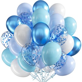 Balloons Birthday Blue, 60 Pieces 12 Inch Balloons Blue, Metallic Blue Helium Balloons, Blue White Balloons, Blue Confetti Latex Balloons for Wedding, Engagement, Christening, Baby Shower Party
