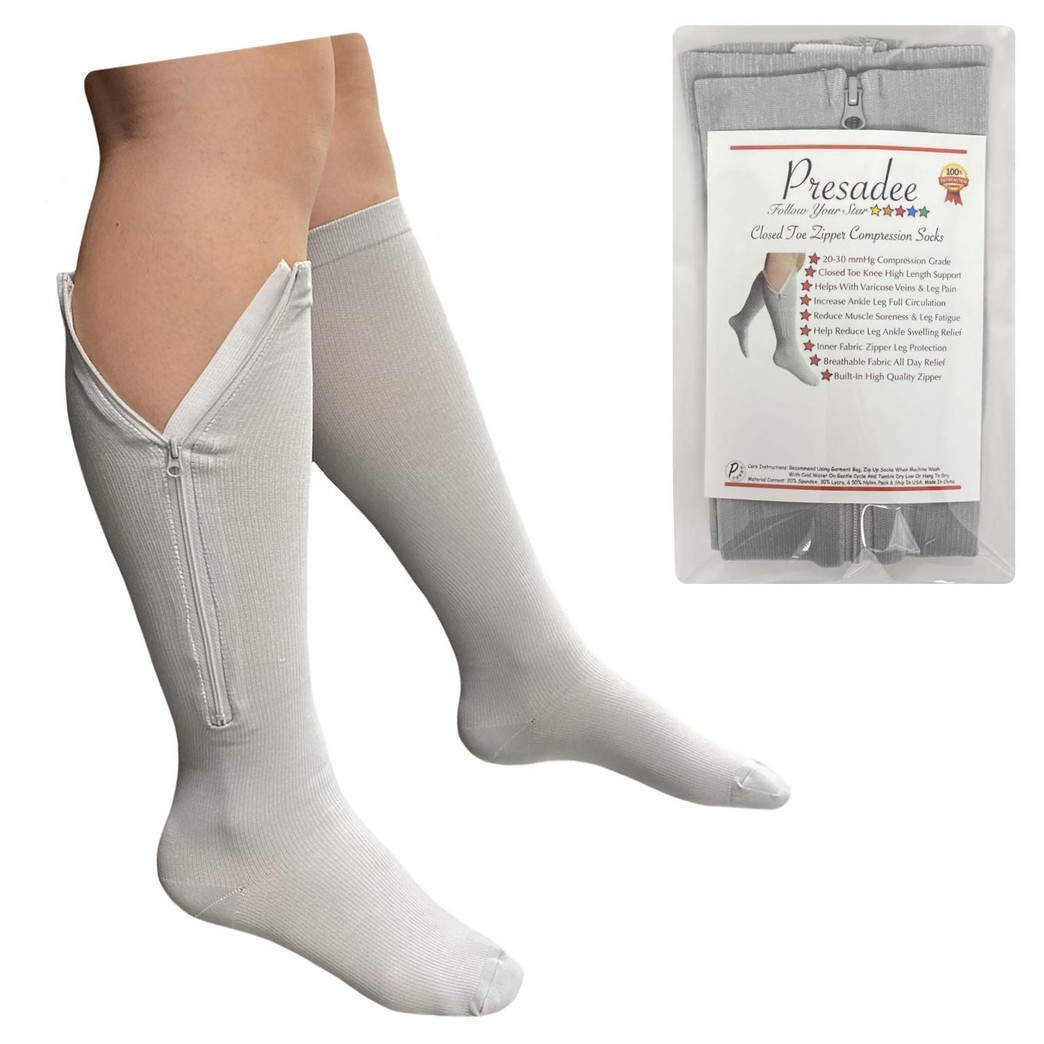 Presadee Closed Toe Grey 20-30 mmHg Zipper Compression Calf Leg Circulation Sock (L/XL)