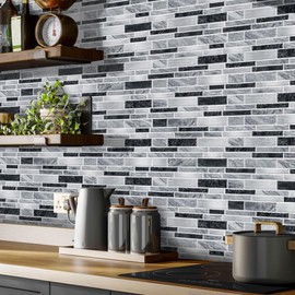 Alwayspon 12 Pcs Peel and Stick Backsplash Vinyl Marble Tile, Self-Adhesive Tile Transfer Sticker Stick on Tiles for Kitchen Bathroom, 9.68x4.72inch/24.6x12cm, Black Gray Silver Marble Effect