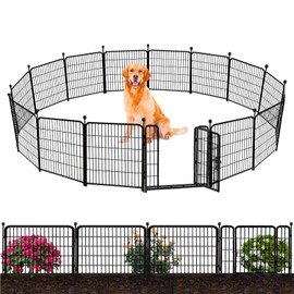 ADAVIN 32 in(H) Garden Fence with Low Threshold Door, 12 Panels Total 27 Ft(L) Tall Yard Fence for Dogs, Garden Fence Border, Black Iron Metal Heavy Duty Dog Fencing for Yard or Camping