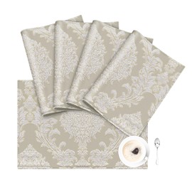 Loom and Mill Luxury Damask Placemats Set of 4, Beige Jacquard Non-Slip Table Place Mats for Home Kitchen Party Banquet HolidayDecor, Durable & Washable Dining Table Mats(Beige, 12x18in)