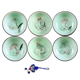ZHAMS Hand Painted Kungfu Teacup,Chinese Long-Quan Celadon Teacup,Fishes and Lotus Pattern,Set of 6