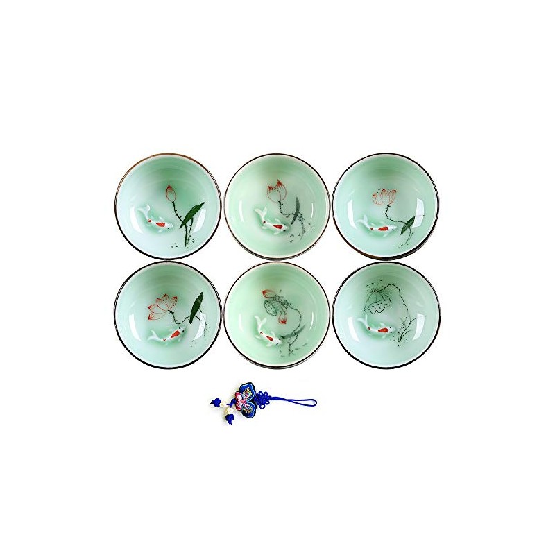 ZHAMS Hand Painted Kungfu Teacup,Chinese Long-Quan Celadon Teacup,Fishes and Lotus