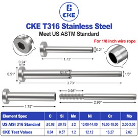 CKE 20 Pairs T316 Invisible Cable Railing Kit, 1/8" Invisible Receiver and Swage Stud End for Cable Railing Deck Stair Railing Threaded End Fitting Receiver Terminal for 2x2, 4x4 Wood Metal Post