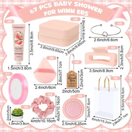 Acmee Baby Shower Prizes for Winners Gifts Headband Hair Brush Jewelry Box Plants Candles Bracelet Hand Cream Compact Powder Puff Hair Claw ribbon Gift Bag Beaded Necklace Bridal Shower(6 Sets-Pink)