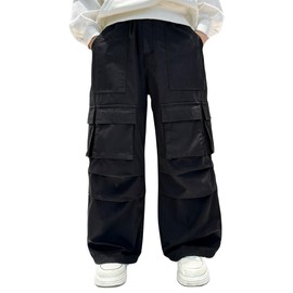 Jofemuho Boys Baggy Cargo Pants Multi Pocket Casual Trousers Streetwear 9-10 Years Black