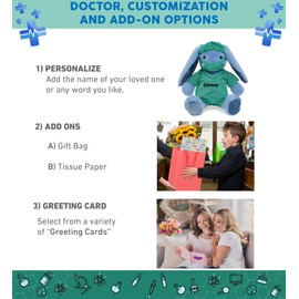 DolliBu Baby Blue Rabbit Doctor Plush Toy - Super Soft Rabbit Doctor Stuffed Animal Dress Up with Cute Scrub Uniform and Cap Outfit - Fluffy Doctor Toy Plush Gift with Personalization - 8 Inches