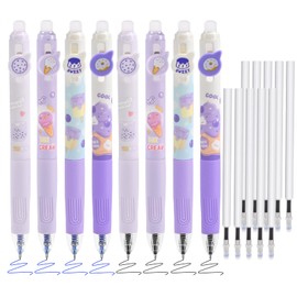 BAYTORY 18Pcs Erasable Gel Pens, 4Pcs Blue & 4Pcs Black Ink Pens & 10Pcs Black Refills, Cute Retractable Pen with Eraser, 0.5mm Fine Point, for Crossword Puzzles (Purple)