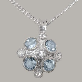 925 Sterling Silver Cubic Zirconia & Aquamarine Womens Vintage Pendant & Chain Necklace - Chain length 18