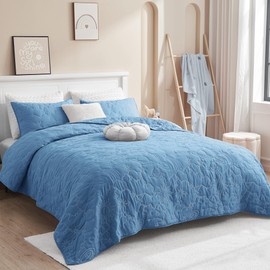 SHALALA NEW YORK Blue Quilt Bedding Set Twin Size, Lightweight Summer Quilt Bed Set with Pillow Shams, Reversible Stitching Celestial Bedspread Coverlet for All Season
