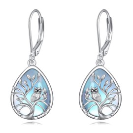 Owl Dangle Drop Earrings 925 Sterling Silver Tree of Life Leverback Earrings Moonstone Jewelry Gifts for Women