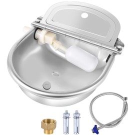 MYFAMIREA Automatic Animal Drinking Water Bowl Stainless Steel Waterer Feeder Farm Dog Dispenser Kit Self Filling for Livestock Horse Goat Water Trough with Float Valve Drain Hole Hose Adapter Bolts