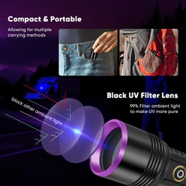 30W 365nm UV Flashlight USB Rechargeable UV Light High Power Black Light Flashlight for Pet Urine Detection, Resin Curing, Minerals, Blood tracking, Scorpion, Rockhounding,Yooperlites,A/C Leak Detect