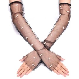 Long Tulle Pearl Gloves Fingerless Beaded Sheer Bridal Gloves for Wedding Bridal Opera Party (2, Black, Long)
