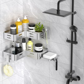 Daoun Corner Shower Caddy, Shower Shelf No Drilling, Bathroom Storage with Razor Holder for Shower and 2 Hooks, Shower Organiser(Silver)