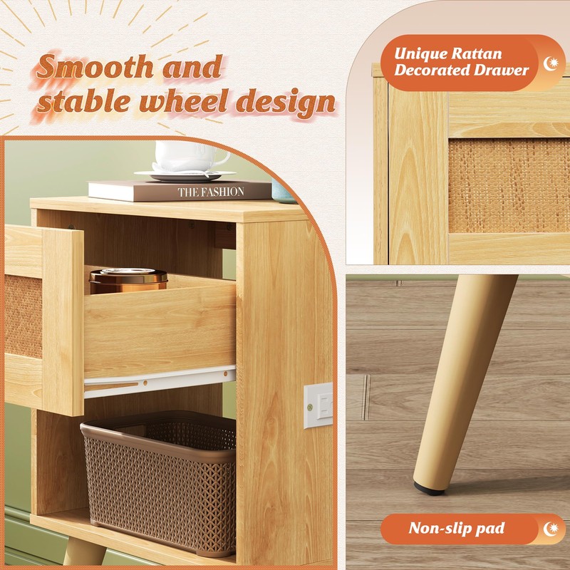 WLIVE Rattan Nightstand with Charging Station, Boho Night Stand, Small