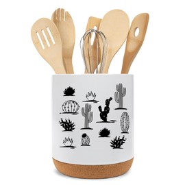 Elanze Designs 8 inch Cactus Desert Plant Pattern Ceramic Kitchen Utensil Holder White and Black Crock with Cork Base Large Cooking Utensil Organizer for Countertop
