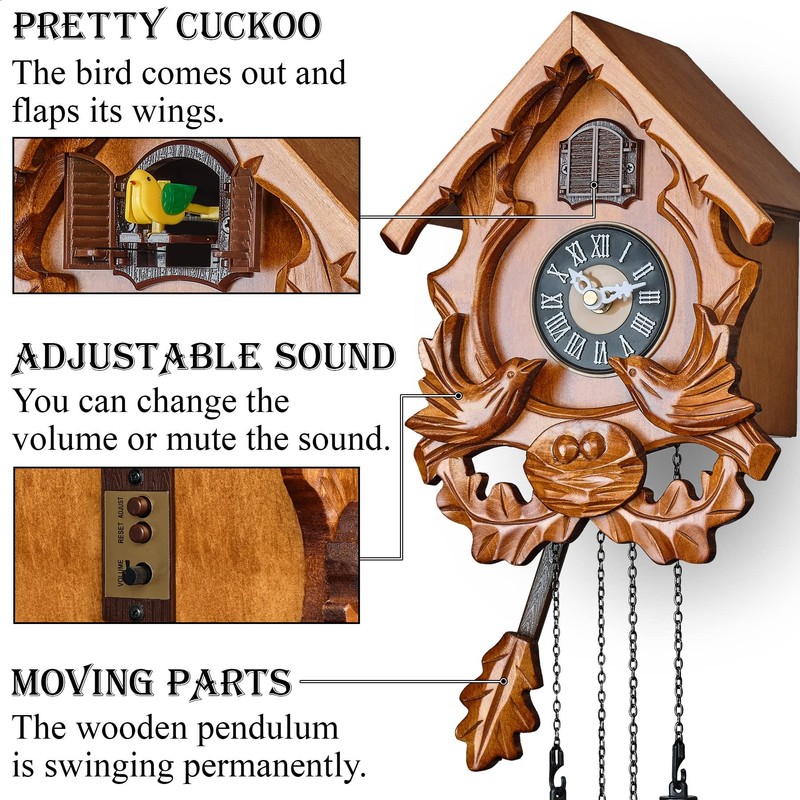 TIMEGEAR Cuckoo Clock with Night Mode, Singing Bird and Carved
