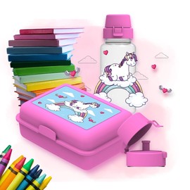 elasto PROMOTION FOR LIFE School Set 'Kids' - Drinking Bottle and Lunch Box for Children - Leak-proof Water Bottle with Motif - Lunch Box with Compartments for School and Nursery, Colour: