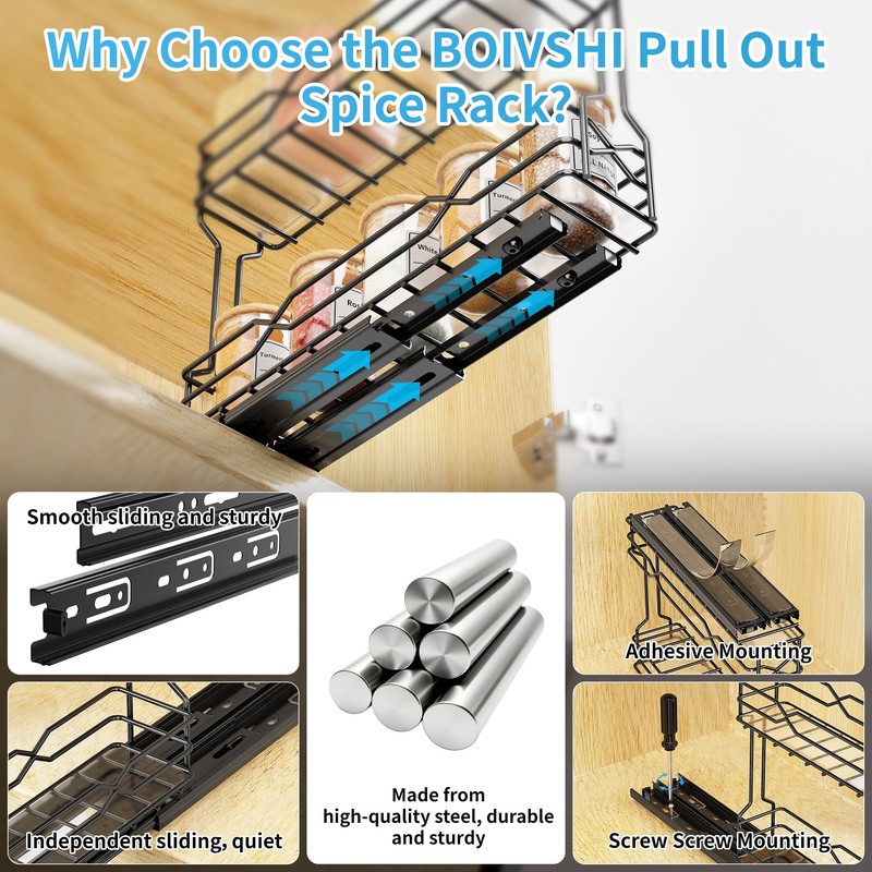 BOIVSHI Pull Out Spice Rack - Heavy Duty Vertical Spice