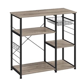 VASAGLE ALINRU Kitchen Baker’s Rack, Coffee Bar, Microwave Oven Stand, with Steel Frame, Wire Basket and 6 Hooks, 35.4", Greige