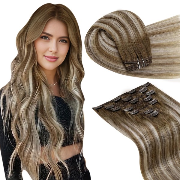 LaaVoo Hair Extensions Clip ins Light Brown Balayage Clip in Hair Extensions Ombre # 8 Balayage Platinum Blonde Human Hair Clip in Extensions Full Head 14 Inch 7pcs 120g