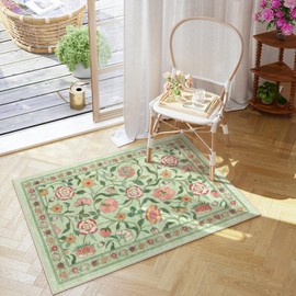 Moynesa Floral Small Rug, 2x3 Washable Rug Non-Slip Soft Kitchen Rugs, Boho Sage Green Bathroom Rug Low-Pile Throw Rug Front Door Mat Indoor Entrance, Stain Resistant Entryway Rug for Entry