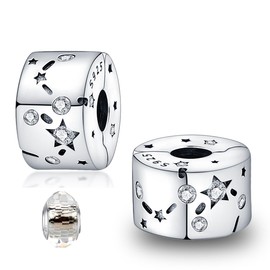 LNQOBU Clip / Stopper Charm for Bracelet 925 Sterling Silver Pave Cubic Zirconia Charm Bead Star Moon Charm Blue Butterfly Charm Jewellery Gift for Women, Sterling Silver, Cubic Zirconia