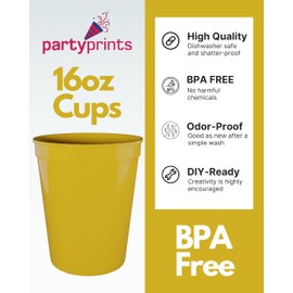 PartyPrints 100 Pack 16 Oz Yellow Reusable Blank Plastic Cups, Stadium Cups Bulk – BPA Free Dishwasher Safe Party Cups, Colored Cups Perfect for Party, Wedding, Birthday Graduation, Clubs
