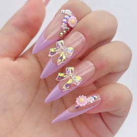 Press On Nails Purple 3D Aurora Butterfly Flower Nail Art Pieces French Long Tip Teardrop Fake Nails 12 Sizes - 24 Pcs Gel False Nail Set