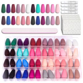 LADYING 24 Packs (576 PCS) Matte Coffin Press on Nails Kit Long,Coloured Full Cover Ballerina False Nails with Nail File,Reusable Stick on Nails for Women,Nail Art French for Fake Nails