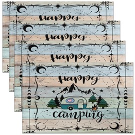 Erosebridal Set of 4 Camper Place Mats 12x18 Inch,Happy Camping Placemats,Colorful Wooden Table Mats,Farmhouse Old Barn Door Style Waterproof Placemats for Dining Table,Anti Slip