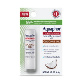 Aquaphor Barra de reparación de labios de inspiración natural con aceite de coco y manteca de karité natural, bálsamo labial hidratante que alivia inmediatamente la sequedad, barra de 0.17 onzas