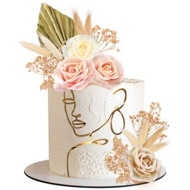 21 Decoraciones de Toppers de Tartas de Cara Bohemias Adornos de Tarta con Cara Dorada de Dama de Arte Minimalista Acrílico Adornos de Boda de Flor de Rosa Artificial para Cumpleaños (Estilo Vintage)