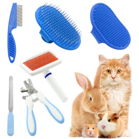 Pet Grooming Kit with Slicker Brush Bath Massage Glove Brush Pet Shedding Comb Nail Clipper Trimmer 6 Piece Set for Rabbit Kitten Guinea Pig Cat Chinchilla Ferret Small Animals