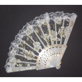 no name New Creamy White Gold Lace Fan Plastic Base Theatrcial Dance Item