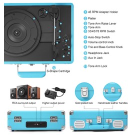 MANGOSTAN Record Player 3 Speed Bluetooth Portable Suitcase, Vinyl Phonograph with Built-in Bass & Speakers, Belt-Driven LP Player Support AUX-in RCA Line Out Headphone Jack, Blue